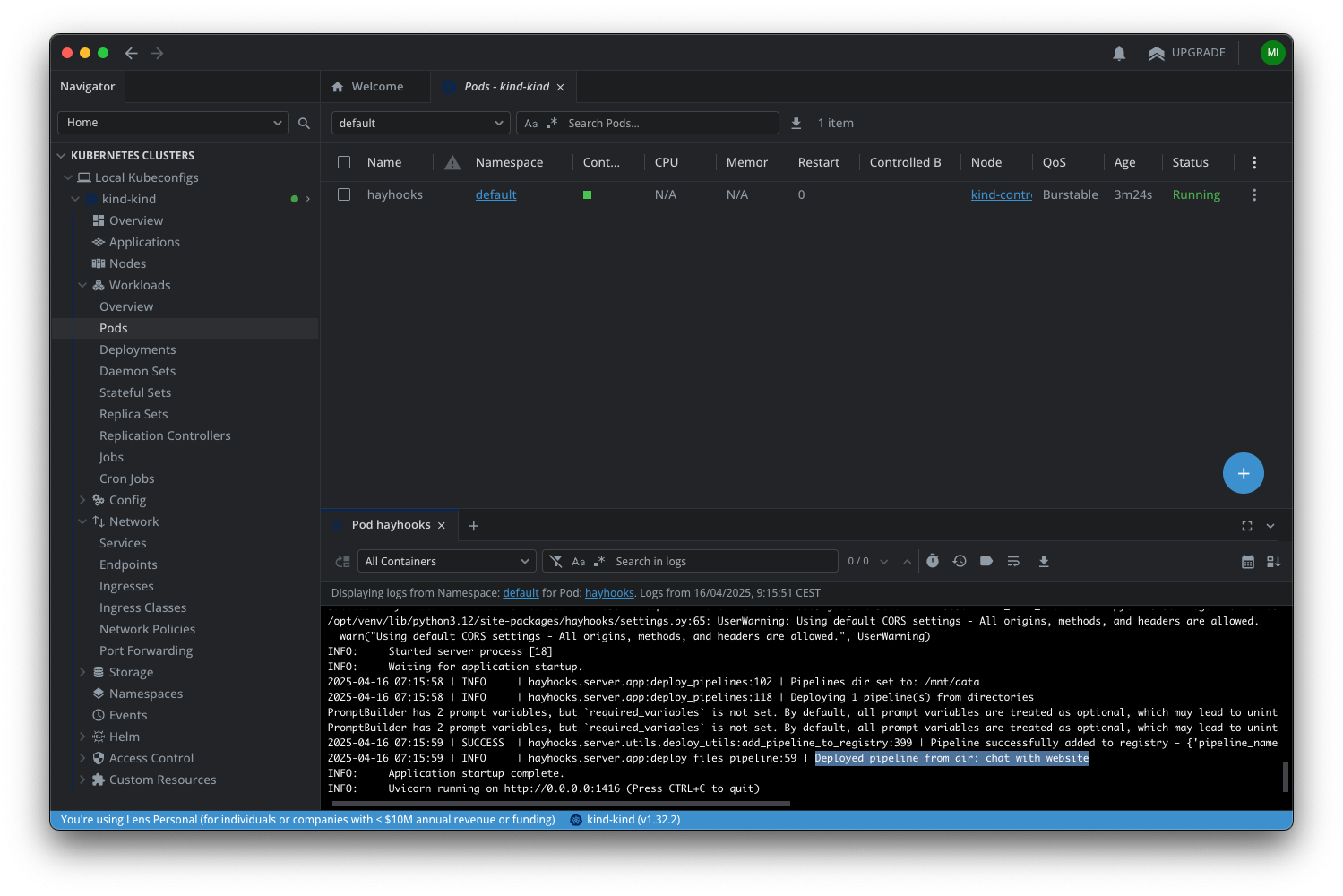Kubernetes Lens interface displaying pod logs with application startup messages and deployed pipeline confirmation