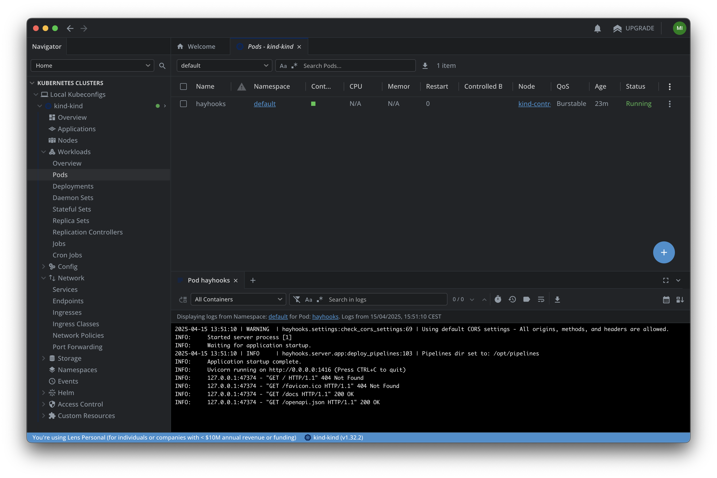Kubernetes Lens interface showing the hayhooks Pod running in the default namespace with status Running
