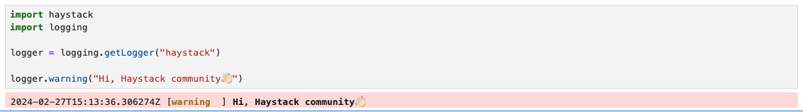 Python code snippet demonstrating basic logging setup with getLogger and a warning level log message output